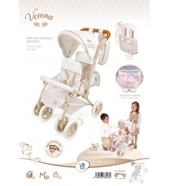 Bliźniaczy wózek regulowany dla lalek do 52cm Verona DeCuevas Toys 90378